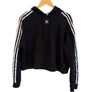 Adidas Originals Hoodie Womens Medium Black 3-Stripes Cropped Trefoil Athletic
